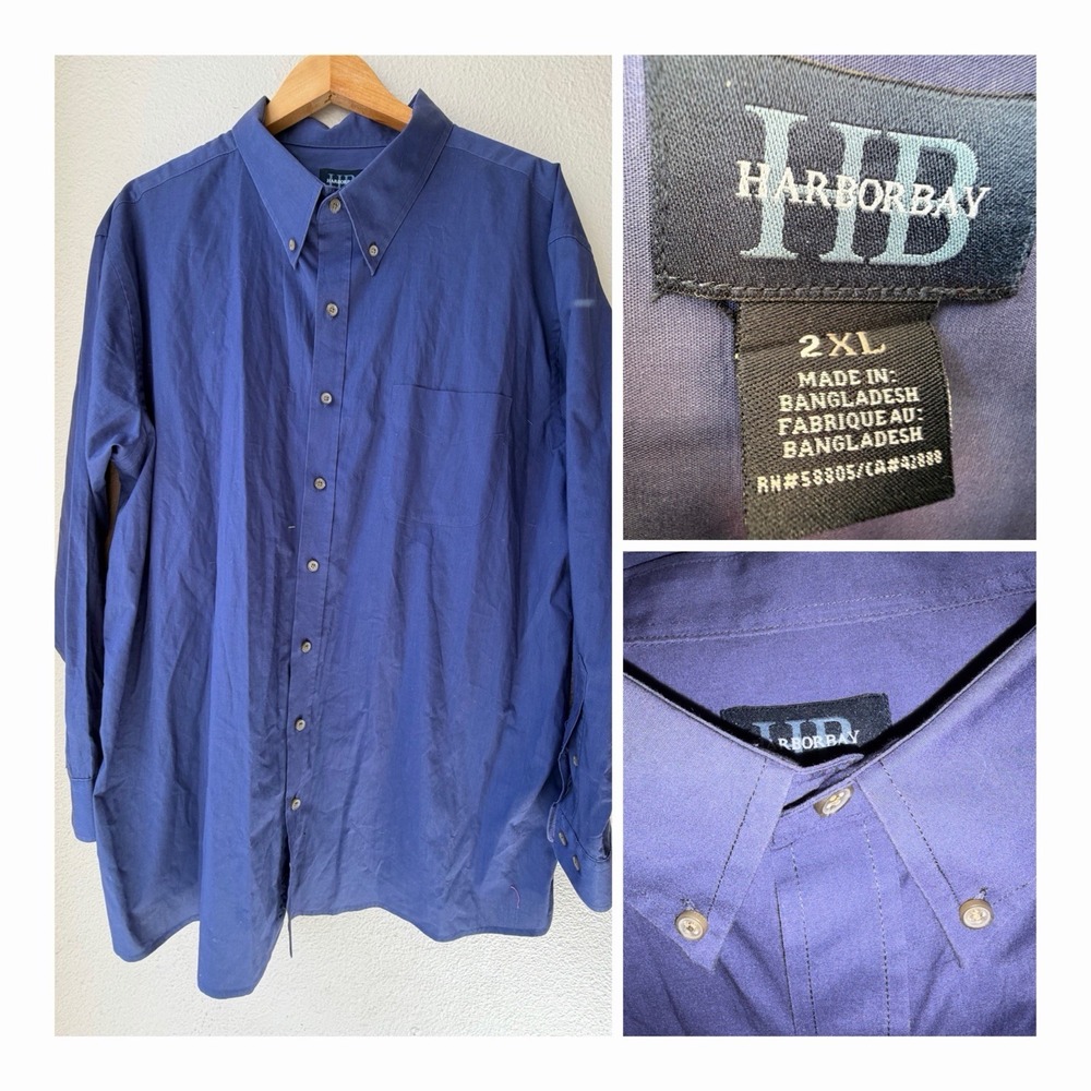 Harbor Bay Mens Shirt 2XL Blue Button Down Long Sleeve Dress Big Tall 56 Chest